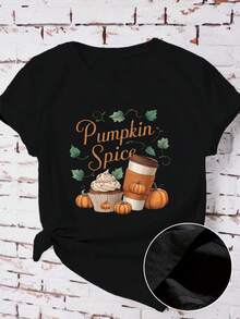Camiseta deportiva de manga corta para mujer de talla con estampado de calabaza y especias. - Negro - Ver 2