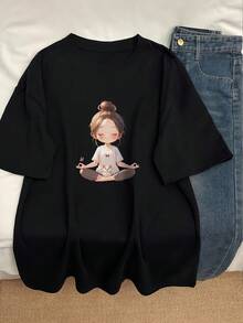 Women's Casual Graphic T-Shirt - Vintage Meditation Graphic Design - Minimalist And Zen Design In Soft Pastel Pink, Relaxed Fit, Short Sleeves, Round Neck, Casual Style, Comfortable Clothing For All Seasons, Ideal For Meditation, Lounging And Outfits - Breathable Spiritual Clothing For Everyday Wear With A Touch Of Serenity. - 黑色 - 查看 1