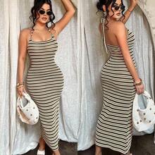 Women's Striped Bodycon Halter Neck Dress For Beach Vacation,Summer ,Spring ,Vacation,Beach , Ibiza, Bodycon Summer Dress, Cruise Dress, Ribbed Dress, Sexy Midi Dress, New Arrivals Dresses, Body Con Dress For Women, Bodycon Midi Dress, Body Fitting Dress - Multicolor - Ver 6