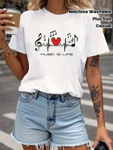 Camiseta de talla grande para mujer, con estampado artístico de corazón con notas musicales y la frase "LA MÚSICA ES VIDA", ideal para amantes de la música. Camiseta blanca de manga corta con cuello redondo, lavable a máquina, adecuada para primavera, verano y otoño, estilo casual. Oversize, corte holgado, transpirable, ligera, informal, estilo Y2K, streetwear, boho, vintage, minimalista, estilo rústico, athleisure, verano, 100% algodón. - Blanco - Ver 1
