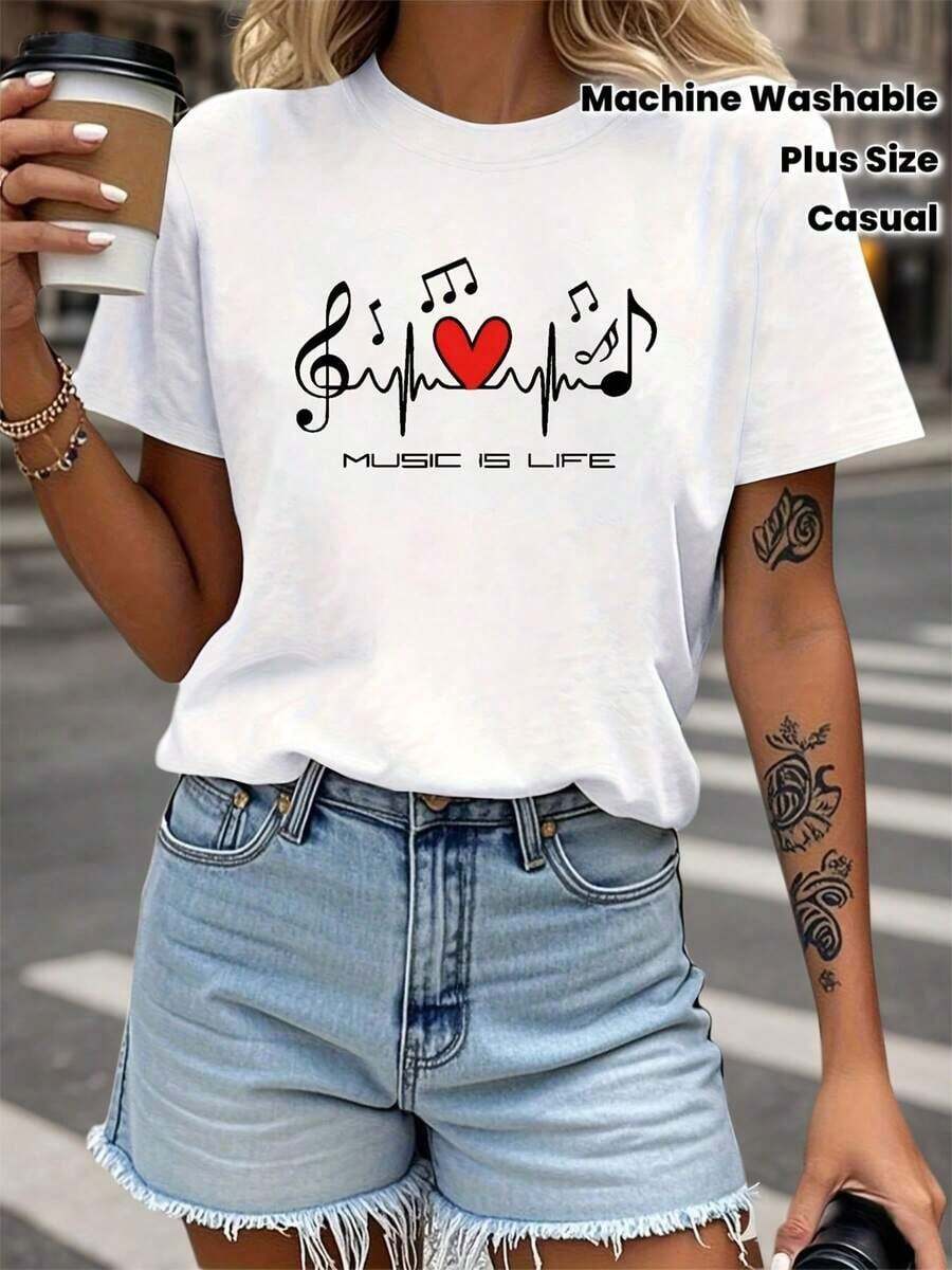 Camiseta de talla grande para mujer, con estampado artístico de corazón con notas musicales y la frase "LA MÚSICA ES VIDA", ideal para amantes de la música. Camiseta blanca de manga corta con cuello redondo, lavable a máquina, adecuada para primavera, verano y otoño, estilo casual. Oversize, corte holgado, transpirable, ligera, informal, estilo Y2K, streetwear, boho, vintage, minimalista, estilo rústico, athleisure, verano, 100% algodón. - Blanco - Ver 1