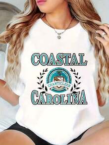 Camiseta de manga corta de algodón para mujer, opciones en negro y blanco, transpirable, corte holgado, cuello redondo, estampado con el logotipo de Coastal Carolina Chanticleer, camisetas gráficas de gran tamaño, diseño exquisito, estilo casual y moderno, camisetas de verano, adecuadas para uso diario informal, entrenamientos en casa, actividades al aire libre, vacaciones en la playa, ideal para regalar ropa de mujer, 100% algodón de alta calidad. - Blanco - Ver 8