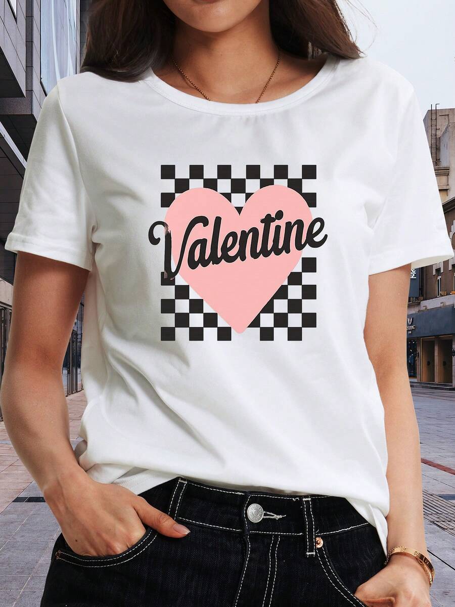 Camiseta clásica de manga corta estampada para mujer, un regalo para el Día de San Valentín, la primera opción para primavera y verano. Adecuado para ropa de oficina, salidas informales y relajación en casa. Más vendido - Blanco - Ver 1