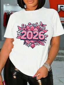 Camiseta Negra de Manga Corta con Estampado Floral Rosa - Perfecta para Celebraciones de Año Nuevo y Uso Casual - Blanco - Ver 10