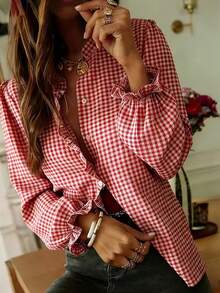 Fashionable Red Plaid Long Sleeve Shirt, Women's Style, With Open Collar And Ruffle Cuffs - Multicolor - View 3