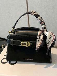 Dedoo Fashionable High-End Litchi Grain Women's Handbag, Minimalist With Decorative Adjustable Shoulder Strap, Crossbody Bag, Refined Metal Lock Closure, Magnetic Snap Closure Multi-Functional Lightweight Tote Bag, Minimalist Solid Color Handbag, Durable PU Material Women's Shoulder Bag, Suitable For Gifting Friends, Shopping, Dating, Business Travel, Vacation (Scarf Style Random) - Black - View 5