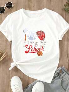 Comfortable1 pieza de camiseta blanca con temática de béisbol y estampado gráfico de "Días de Clases" para mujer, top casual de verano, camiseta de manga corta de algodón, estilo deportivo, camiseta de moda, g, 100% algodón. Camiseta Holgada y Versátil de Manga Corta para Mujer - Blanco - Ver 3