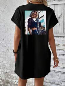 Vestido de mujer - Logo/Foto/Patrón/Notas musicales/Texto/Número de la suerte/Festival de música Coachella/Día de la Madre/Conejo de Pascua/Uniforme de trabajo negro elegante de verano - Negro - Ver 3