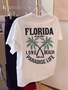 Camiseta Casual Blanca para Mujer con Estampado de Palmeras de Florida Paradise Life, Cuello Redondo, Hombros Caídos, Manga Corta, Corte Regular PLNZ - Blanco - Ver 4