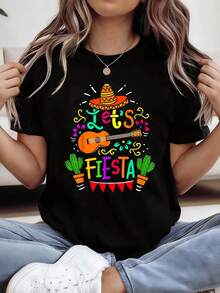 Camiseta de algodón puro para mujer para fiesta temática mexicana 'Let'S FIESTA' - Camiseta de primavera y verano para mujer con patrones tradicionales mexicanos, perfecta para festivales de música, reuniones al aire libre y uso casual urbano - Camisetas para salir para mujer - Negro - Ver 1