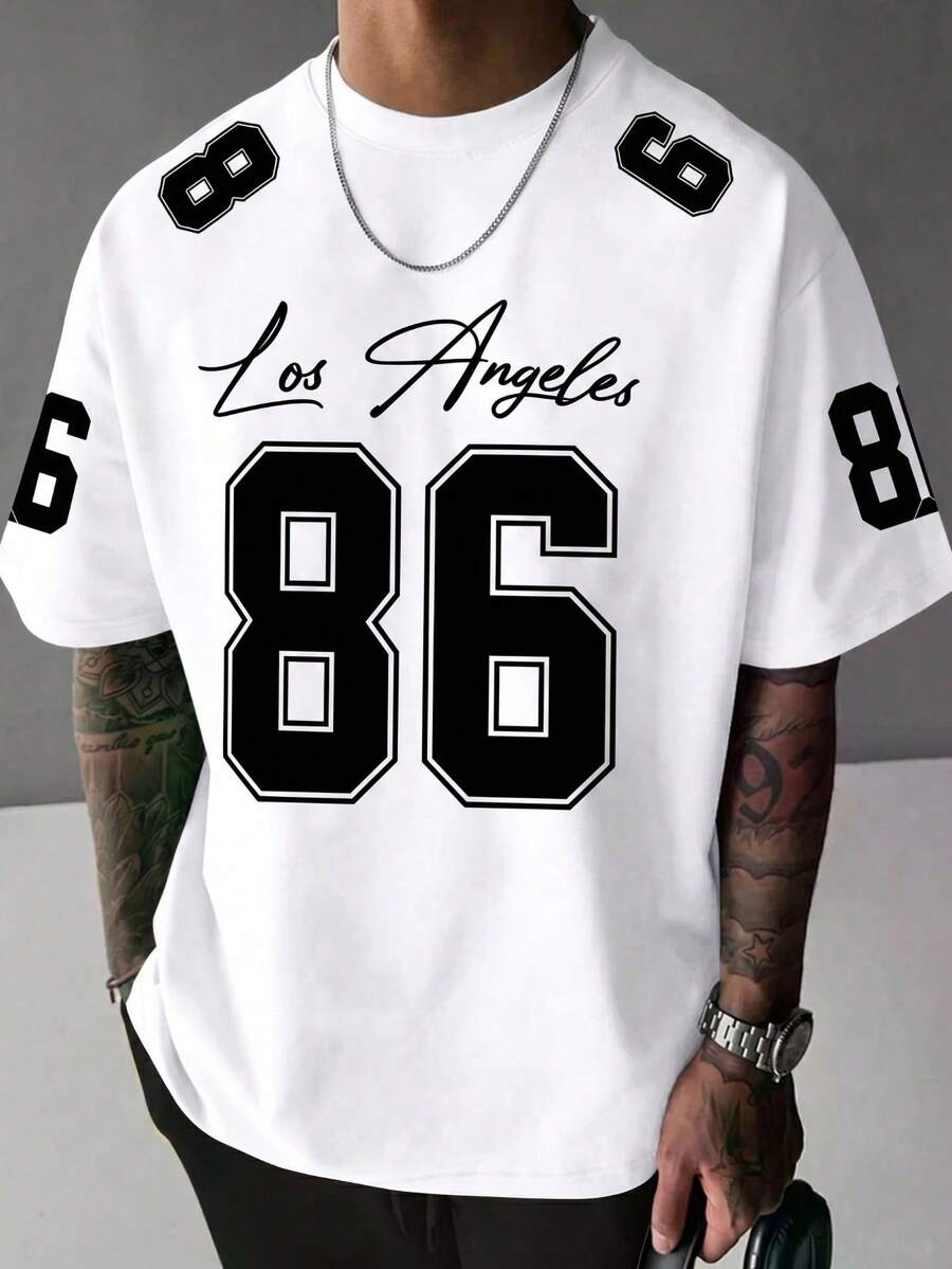 FRACTYR Men's Summer Casual Street American Numeric Print Pattern Loose Fit Round Neck Breathable T-Shirt, Comfortable For Outdoor Wear, Solid Color Casual Top - White - View 1