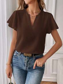 Camisa de mujer de unicolor con escote en V entallado y manga corta, informal y adecuada para el trabajo, blusas de manga corta - Café integral - Ver 5