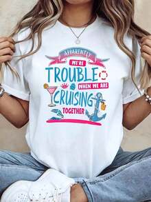 Women's Short-Sleeved T-Shirt With A Fun "We Are Trouble" Print For Cruise Buddies, White, Round Neck, Machine Washable, Casual Style, Comfortable Fit, Versatile Design For Everyday Wear, Soft Fabric, Modern Style. - 白色 - 查看 1