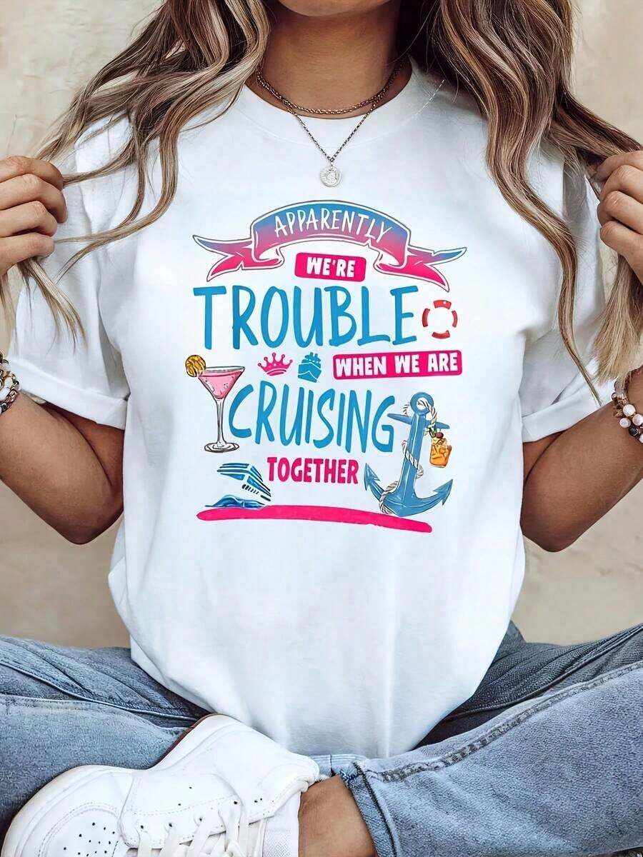 Women's Short-Sleeved T-Shirt With A Fun "We Are Trouble" Print For Cruise Buddies, White, Round Neck, Machine Washable, Casual Style, Comfortable Fit, Versatile Design For Everyday Wear, Soft Fabric, Modern Style. - 白色 - 查看 1