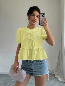 Blusa de verano de mujer con cuello redondo, manga corta abullonada, lazo y volante en la cintura - Amarillo - Ver 3