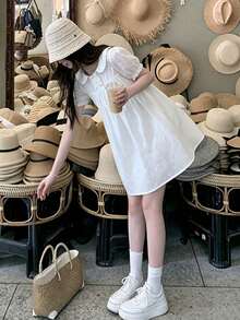 Áo blouse tay ngắn cổ Peter Pan ngọt ngào thêu rỗng, màu trắng mùa hè - trắng - Xem 4