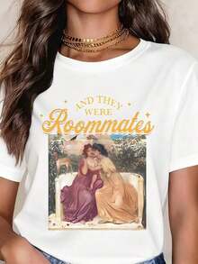 FunnyFashion Wo's Casual Loose Fit T-Shirt With Round Neck And Short Sleeves, Vintage Graphic Print "They Were Roommates", For Everyday Wear And Summer Outings - 白色 - 查看 1