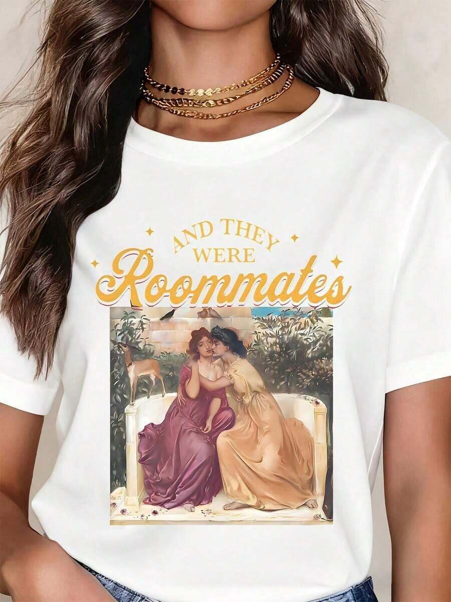 FunnyFashion Wo's Casual Loose Fit T-Shirt With Round Neck And Short Sleeves, Vintage Graphic Print "They Were Roommates", For Everyday Wear And Summer Outings - 白色 - 查看 1