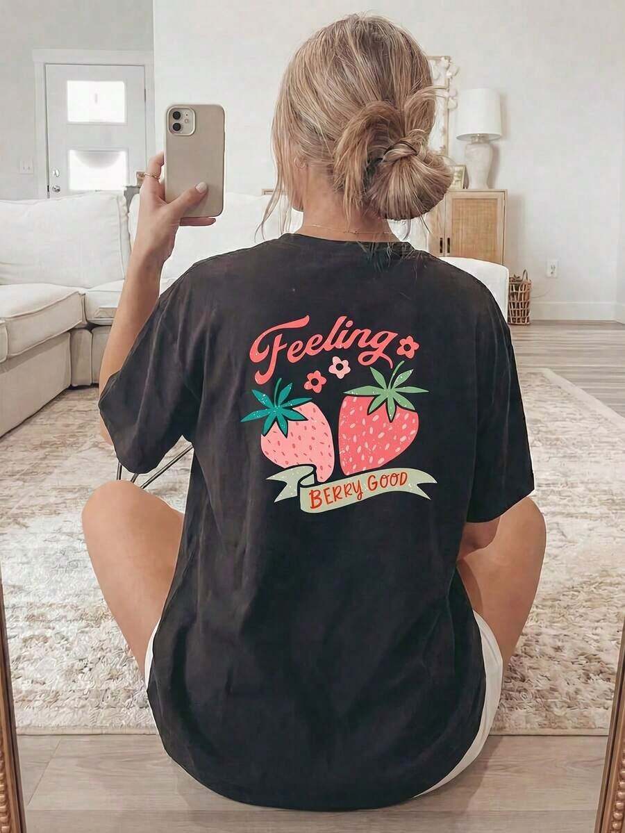 Women's Casual Short-Sleeve Knit T-Shirt, Versatile And Suitable For Streetwear, Everyday Wear, Y2K Style/Crop Top, Crew Neck, Outdoor Activities, Camping, Concerts, Hip-Hop, Rock, And Rap Events. Crew Neck T-Shirt With Strawberry Graphic Print, Comfortable And Cozy. - 黑色 - 查看 1