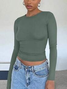 Camiseta ajustada de mujer de cuello redondo de manga larga con pliegues en unicolor, adecuada para las temporadas de verano, otoño/invierno y primavera casual - Verde Oliva - Ver 4