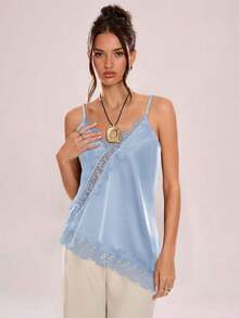 Top de tirantes asimétrico con bajo cruzado de encaje, espalda descubierta con tirantes exquisitos, top tipo camisola con parche en el pecho estilo Kendall 2026 para mujer, elegante para usar en primavera y otoño, color marrón, apropiado para ofici - Azul - Ver 1