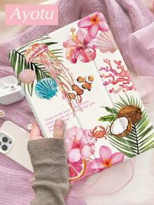 Ayotu 椰子、莲花和贝壳图案时尚保护套,兼容 iPad Air 8 (M4) 2026 (11 英寸)、Air 8 (M4) 2026 (11 英寸)、10.2 英寸 2021/2020 款第九/八代、Galaxy Tab A8 10.5 英寸 2022 款(带笔槽)、Kindle Paperwhite 第十二代 2024 款,支持自动休眠/唤醒功能,夏季海洋元素 - 彩色 - 查看 2