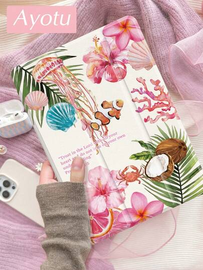 Ayotu 椰子、莲花和贝壳图案时尚保护套，兼容 iPad Air 8 (M4) 2026 (11 英寸)、Air 8 (M4) 2026 (11 英寸)、10.2 英寸 2021/2020 款第九/八代、Galaxy Tab A8 10.5 英寸 2022 款（带笔槽）、Kindle Paperwhite 第十二代 2024 款，支持自动休眠/唤醒功能，夏季海洋元素