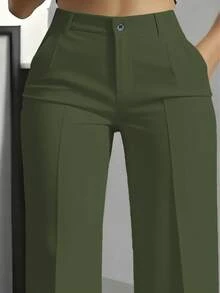 Solid Color Button Zipper Pocket Design Straight Loose Fit Pants Spring - Army Green - View 2