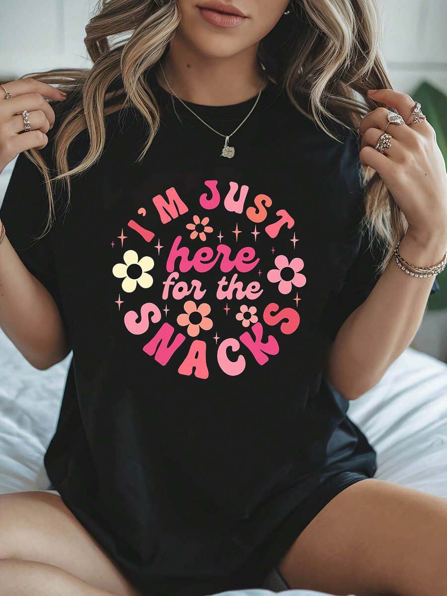 Camiseta de Talla Grande para Mujer con Frase Drtida "Solo Vine por los Bocaos" - Blusa de Manga Corta y Cuello Redondo con Estampado de Eslogan, Lavable a Máquina, I para Fiestas, Atuendos Casuales y Temáticos de Bocaos