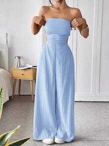Mono de pierna ancha informal de mujer de talla grande, de algodón, con tirantes finos y espalda descubierta, para verano - Celeste - Ver 6