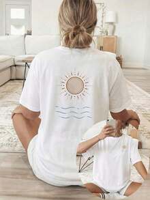 Plus Size, Short Sleeve [Double-Sided Print] Women's Loose Fit Spring/Summer Casual Clothing, Short Sleeve Crew Neck T-Shirt With Sun And Wave Print, 100% Cotton - 白色 - 查看 6