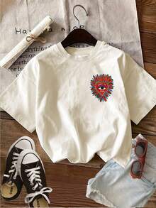 Limited Edition [Double-Sided Print] Women's Summer Casual T-Shirt, Bohemian Style With Heart, Eye And Petal Print, Round Neck, Short Sleeve, Lightweight Cotton - 杏色 - 查看 4