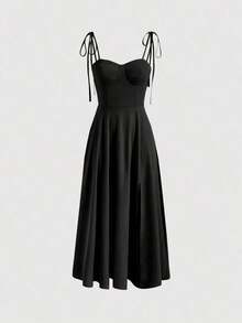 Vestido con abertura y lazo floral - Negro - Ver 5