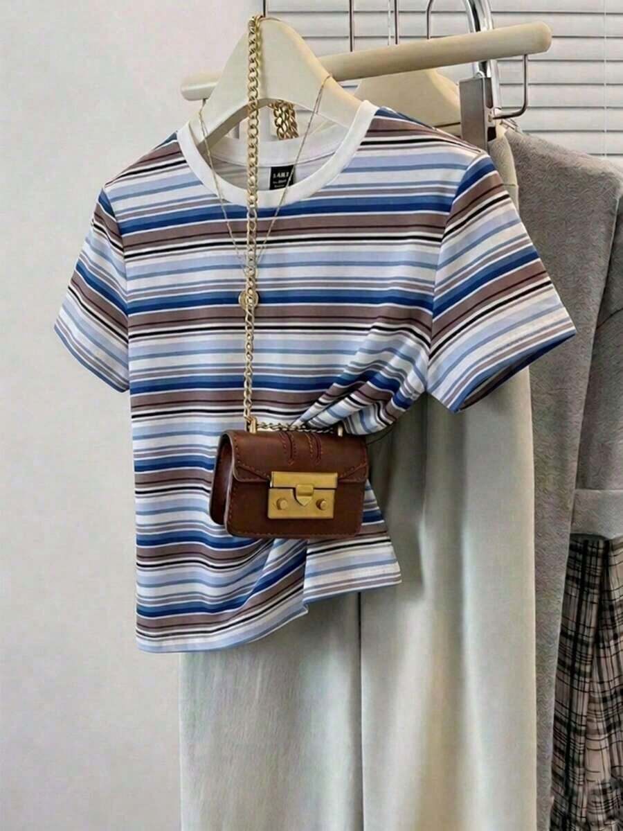 Frenchy Camiseta de mujer de manga corta, cuello redondo, ajustada y minimalista, adecuada para primavera/verano, con estampado de rayas rosa y marrón - Multicolor 5 - Ver 1