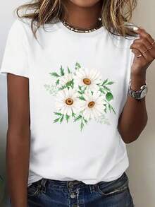 Women's Loose Fit T-Shirt - Black And White Daisy Print, Casual Short Sleeve Top, Breathable, Round Neck, European Summer Style, Comfortable Shirt For Everyday Wear - 白色 - 查看 4