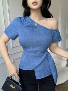 Blusa casual elegante de hombros con nudo, de corte slim para mujeres - Azul 2 - Ver 6