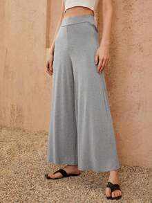Pantalones holgados de pierna ancha de un solo color tipo palazzo, pantalones casuales de cintura alta y pierna ancha de viscosa negra suelta para mujeres, para uso profesional/de oficina/ropa de trabajo - Gris Claro - Ver 3