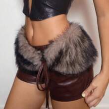 ICON Women Stylish Low-Rise PU Leather Patchwork Faux Fur Shorts,Low Rise Shorts - Marrón - Ver 5