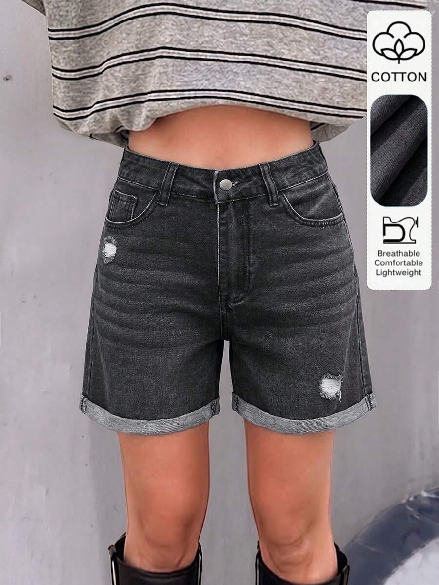 Mid-Waist Fringe Ripped Denim Shorts, Casual Straight Leg Jean Shorts For Women - Black - View 1