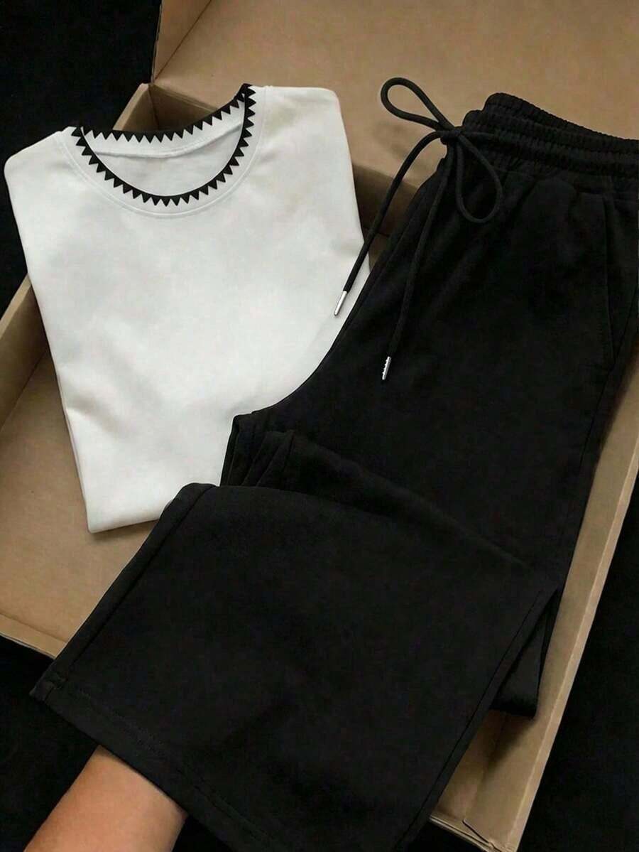 2 piezas Conjunto de top de manga corta con estampado floral bordado falso y rayas y pantalones a rayas, atuendo casual adecuado para el uso diario, citas, fiestas, otoño/invierno/verano, Navidad, Año Nuevo, Acción de Gracias, fiestas, bodas, - Multicolor 13 - Ver 1
