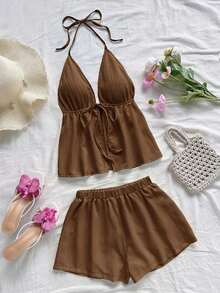 Conjunto de 2 piezas de vacaciones para mujer, top de tirantes con escote en V con textura rojo y shorts sueltos extremadamente cortos, adecuado para citas, fiestas y paseos por la ciudad - Café integral - Ver 4