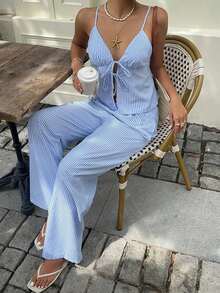 Conjunto informal de 2 piezas con top de tirantes con nudo delantero y rayas y pantalones para mujer - Multicolor - Ver 8