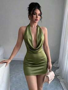 Vestido mini elegante de verano para mujer con escote en V profundo, espalda descubierta y cuello halter de unicolor - Verde - Ver 2