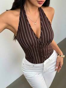 Chaleco delgado de mujer de algodón con rayas, cuello alto y abotonadura sencilla, para otoño/invierno - Marrón - Ver 3