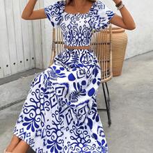 Holidaya Women's Holiday Allover Print Square Neck Blouse And Ruffle Hem Skirt Set - Azul y blanco - Ver 9