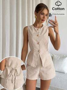 Conjunto de chaleco y pantalones cortos de rayas con botones delanteros para mujer, casual/para ir al trabajo - Multicolor - Ver 8