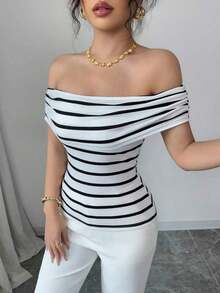 Elegante camiseta a rayas de hombros descubiertos, estilo francés vintage, para uso en vacaciones de estilo bohemio y para uso diario casual - Blanco - Ver 6