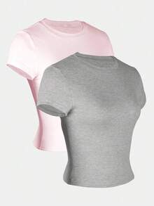 Camiseta De Verano Para Mujer unicolor De Cuello Redondo Y Manga Corta De Ajuste Delgado - Multicolor 3 - Ver 4