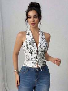 camisa sin mangas para ir al trabajo y de vacaciones con cuello vuelto, lazo y estampado floral 3D, color azul - Negro - Ver 5