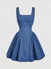 MOD Vestido de mezclilla casual de verano para mujer con cuello cuadrado y mangas acanaladas sin mangas - Azul lavado medio - Ver 1